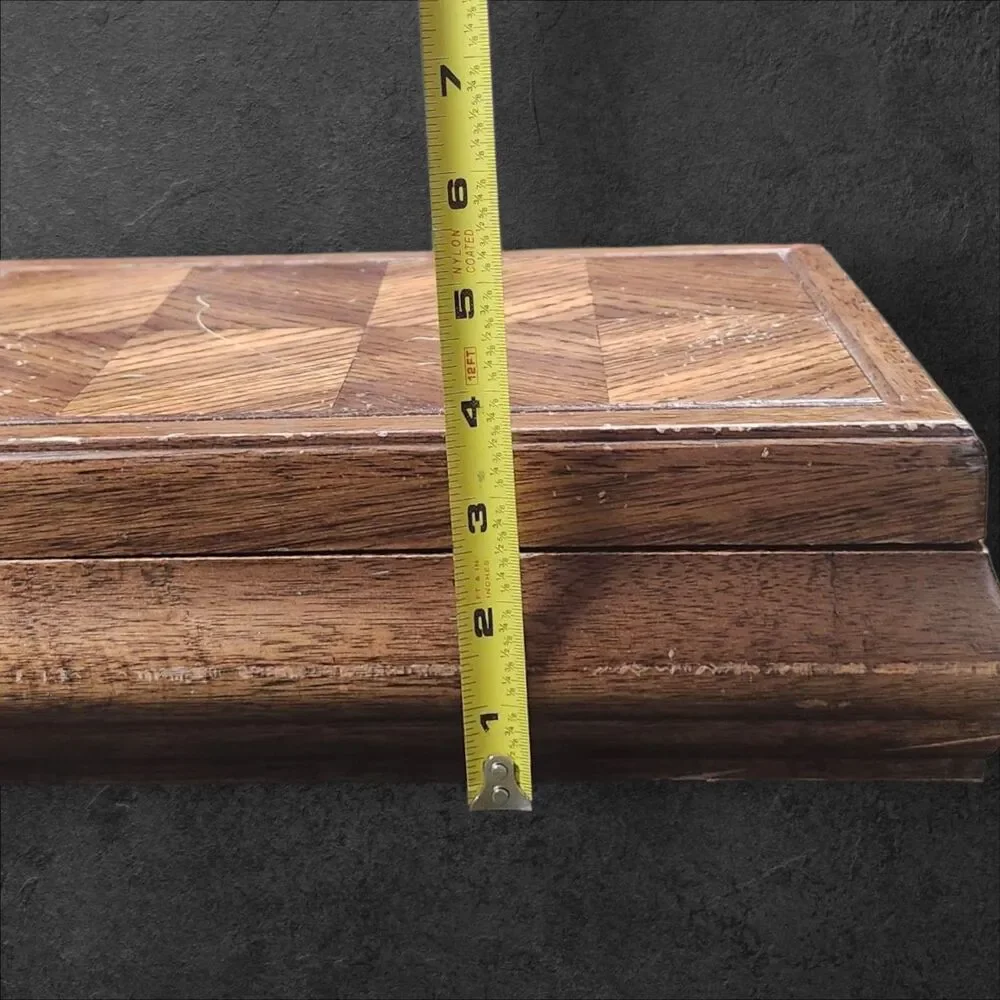 Vintage 1970s Wood Jewelry Box Orange Velvet Parquet Lid Jay Import Co 13